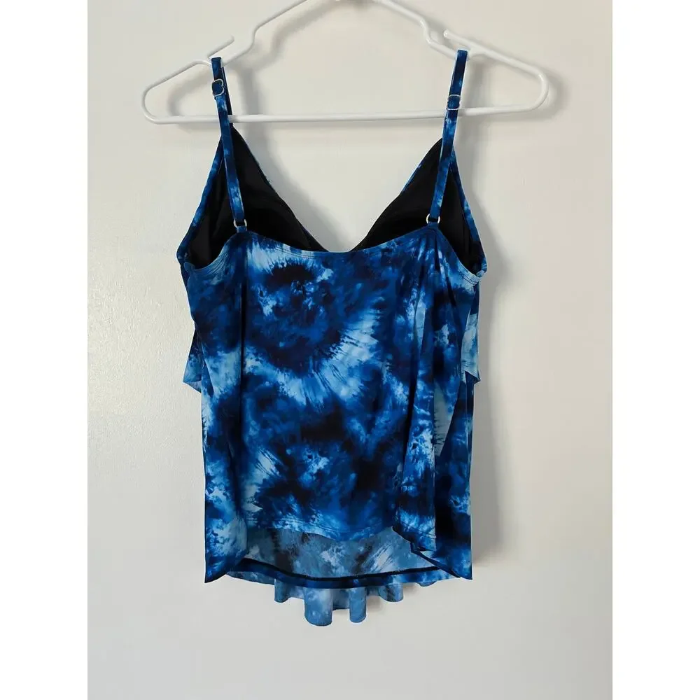 Aqua Green Blue Tie Dye Layered V-Neck Tankini Built In Shelf Bra Size L